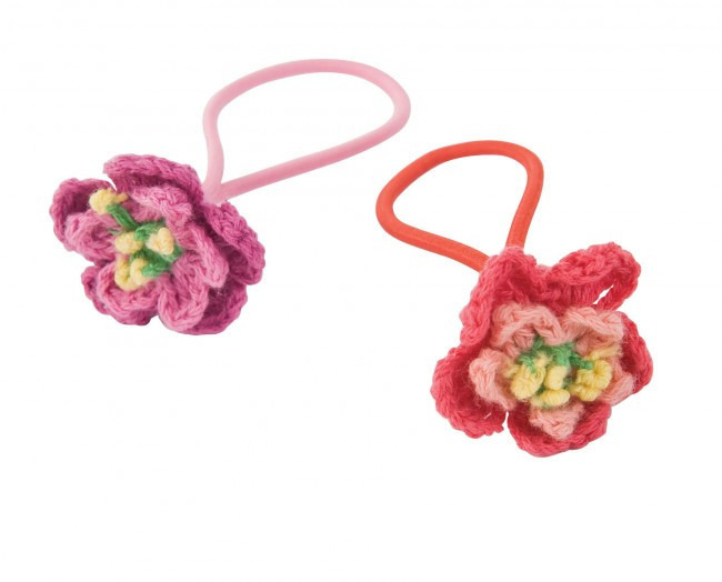 Sebra horgolt hajgumi - piros-r�zsasz�n vir�gokkal